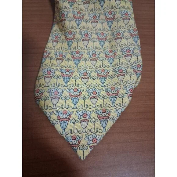 VTG Hermes Paris 100% Silk Neck Tie Men's Yellow Garden Cottage Boho Y2K Retro - Picture 5 of 5